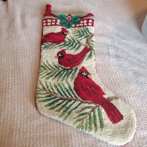 Hand Hooked Wool Christmas Stocking Red Cardinals Winter Birds Velvet Back 17"